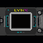 Pixel-Art-Grafik eines Atari Lynx Handhelds auf schwarzem Hintergrund mit retro Farbpalette