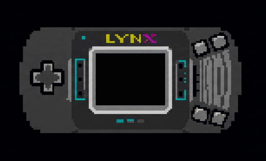 Pixel-Art-Grafik eines Atari Lynx Handhelds auf schwarzem Hintergrund mit retro Farbpalette