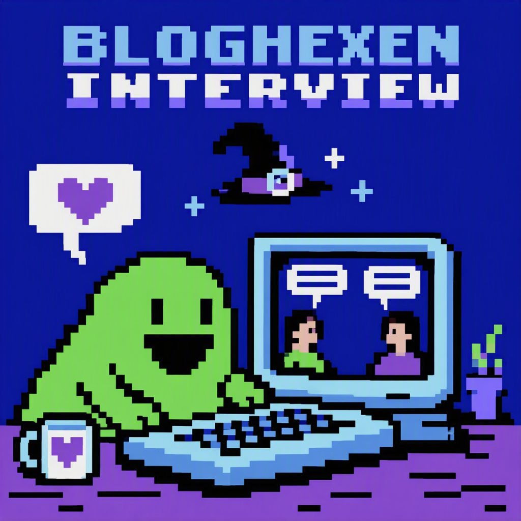 Pixelart-Grafik zum Thema „Bloghexen Interview“: Eine grüne, freundliche Pixel-Figur sitzt an einem Computer. Auf dem Monitor sind zwei Personen in einem Gespräch mit Sprechblasen zu sehen. Darüber schweben ein Hexenhut und kleine Sterne. Links befindet sich eine Sprechblase mit Herzsymbol. Der Schriftzug „BLOGHEXEN INTERVIEW“ steht groß am oberen Bildrand.