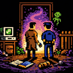 Zwei Pixel-Figuren vor einem leuchtenden Portal im C64-Stil als Hommage an The Darkside Detective.