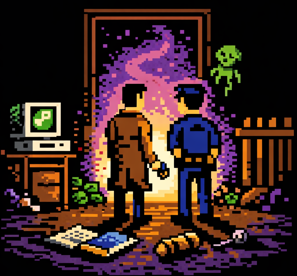 Zwei Pixel-Figuren vor einem leuchtenden Portal im C64-Stil als Hommage an The Darkside Detective.