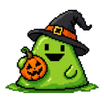 Eine Nahaufnahme von Pixel-Art-Kunst, die einen fröhlichen grünen Schleim mit einem Hexenhut und einem Kürbis in den Armen darstellt, isoliert auf einem schwarzen Hintergrund.