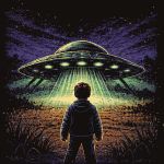 Pixelart im C64-Stil: Junge steht nachts vor einem UFO, das ihn mit einem grünen Lichtstrahl anleuchtet – inspiriert von Invasion vom Mars (1986).