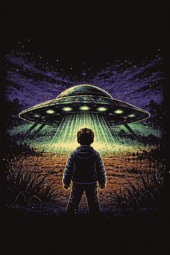Pixelart im C64-Stil: Junge steht nachts vor einem UFO, das ihn mit einem grünen Lichtstrahl anleuchtet – inspiriert von Invasion vom Mars (1986).