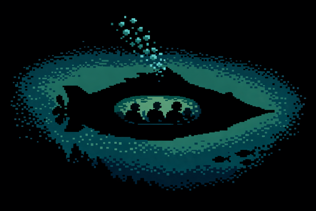 Crew der Nautilus in einem stilisierten U‑Boot, düstere Unterwasser‑Atmosphäre im Retro‑Look.