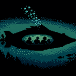 Crew der Nautilus in einem stilisierten U‑Boot, düstere Unterwasser‑Atmosphäre im Retro‑Look.