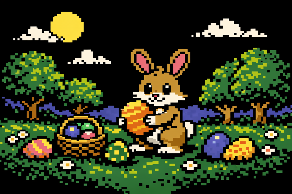 Minimalistisches Osterbild im Retro-Pixelstil wie auf dem Commodore 64: Ein Hase hält ein Osterei, umgeben von Wiese, Blumen, Bäumen und weiteren bunten Eiern.