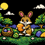 Minimalistisches Osterbild im Retro-Pixelstil wie auf dem Commodore 64: Ein Hase hält ein Osterei, umgeben von Wiese, Blumen, Bäumen und weiteren bunten Eiern.