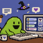 C64-Pixelart mit grünem Pixelschleim vor einem Retro-Computer und einem Blogger-Forum