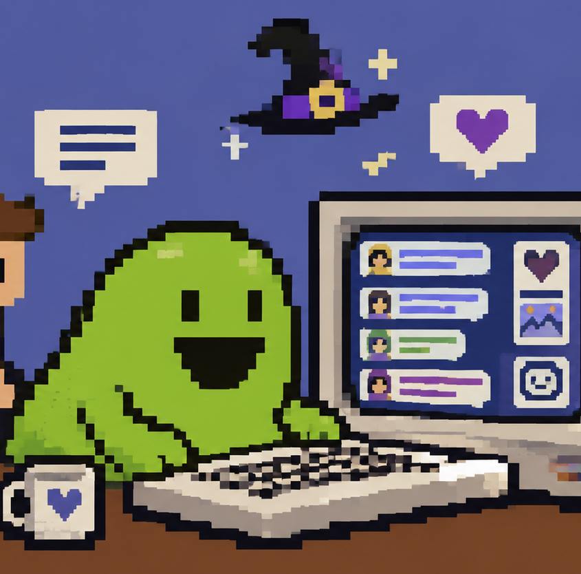 C64-Pixelart mit grünem Pixelschleim vor einem Retro-Computer und einem Blogger-Forum