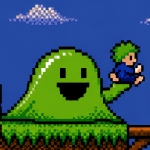 Pixel-Art mit einem grünen Pixelschleim und einem Lemming auf einer grasbewachsenen Plattform vor blauem Himmel.