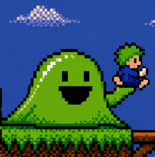 Pixel-Art mit einem grünen Pixelschleim und einem Lemming auf einer grasbewachsenen Plattform vor blauem Himmel.