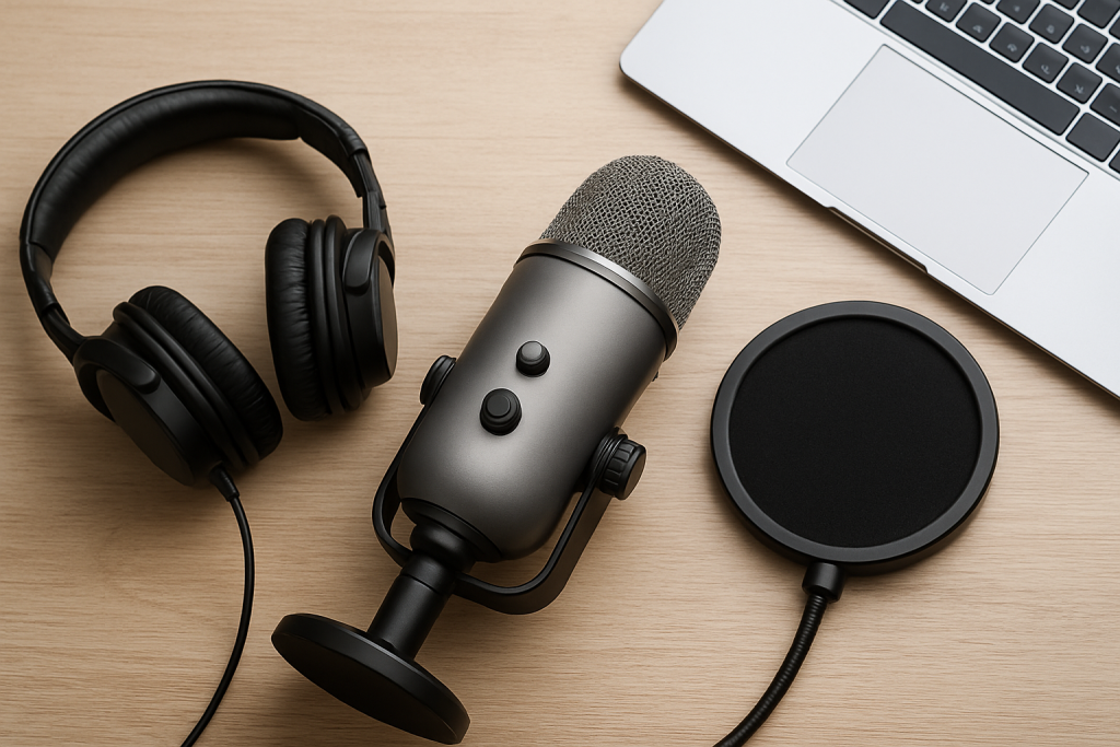 Podcasting-Equipment mit Mikrofon, Kopfhörern, Laptop und Popfilter auf einem Holztisch.