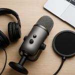 Podcasting-Equipment mit Mikrofon, Kopfhörern, Laptop und Popfilter auf einem Holztisch.