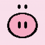 Ein einfaches Pixel‑Gesicht eines Schweins mit rosa Schnauze und schwarzen Augen auf hellrosa Hintergrund.
