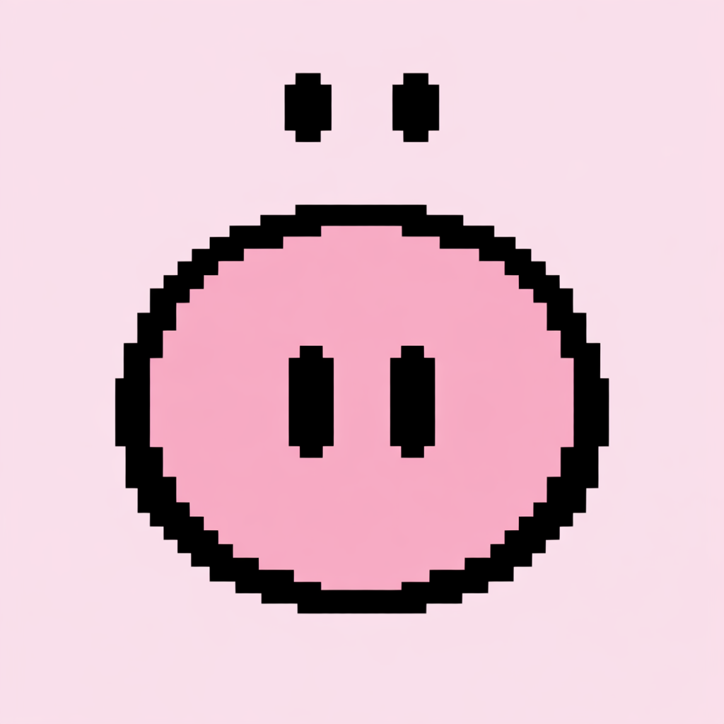 Ein einfaches Pixel‑Gesicht eines Schweins mit rosa Schnauze und schwarzen Augen auf hellrosa Hintergrund.