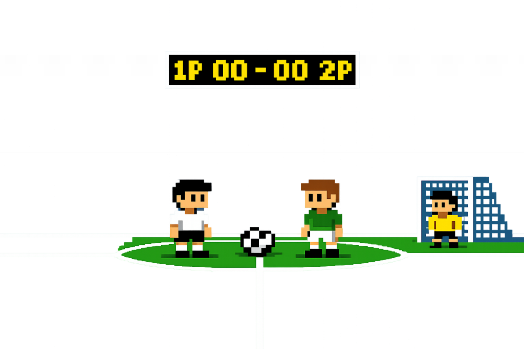 Minimalistische Retro‑Pixel‑Fußballszene mit zwei Spielern, Ball und Tor im klassischen 8‑Bit‑Look.