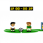 Minimalistische Retro‑Pixel‑Fußballszene mit zwei Spielern, Ball und Tor im klassischen 8‑Bit‑Look.