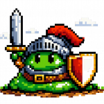 Ein grüner Pixelschleim im 8‑Bit‑Retro‑Stil, dargestellt als Ritter mit Helm, Schwert und Schild auf transparentem Hintergrund.