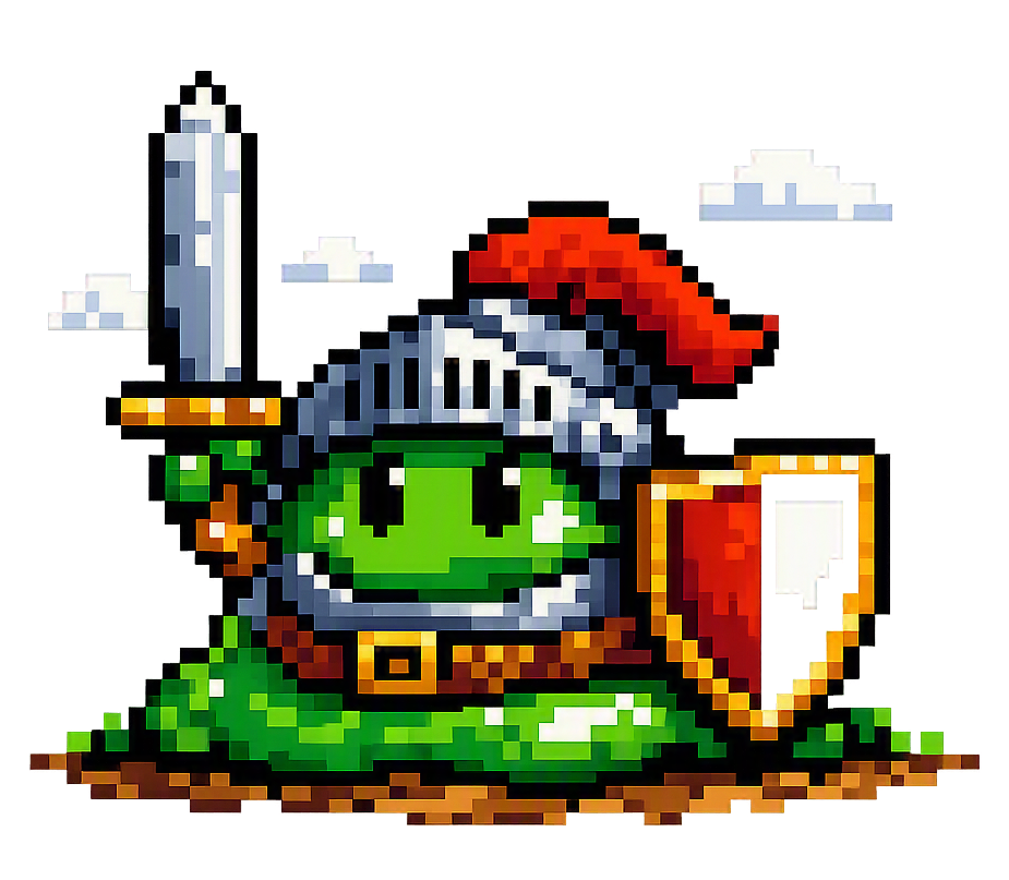 Ein grüner Pixelschleim im 8‑Bit‑Retro‑Stil, dargestellt als Ritter mit Helm, Schwert und Schild auf transparentem Hintergrund.