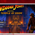 Screenshot des Fan-Adventures „Indiana Jones and the Temple of Doom – Unofficial“ mit dem Hauptmenü vor einem pixeligen Tempelinneren. Indiana Jones steht mit Peitsche vor einem steinernen Tempelportal, das von Fackeln beleuchtet wird.