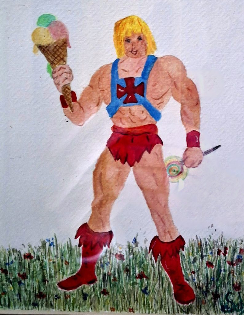 He‑Man‑Figur mit Eiscreme und Lutscher, handgemalt von Katharina Obermaier.