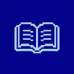Minimalistisches offenes Buch im C64-Pixelstil mit hellblauen Pixeln auf dunkelblauem Hintergrund.