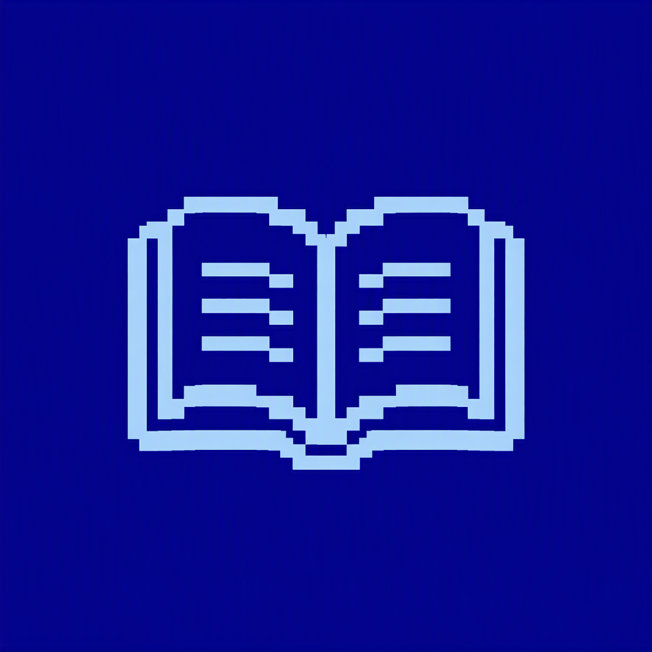 Minimalistisches offenes Buch im C64-Pixelstil mit hellblauen Pixeln auf dunkelblauem Hintergrund.