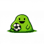 Ein grüner Pixel‑Schleim mit fröhlichem Gesicht hält einen schwarz‑weißen Fußball auf dunklem Hintergrund.
