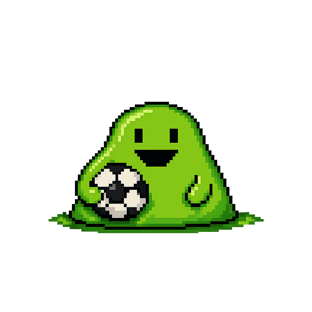 Ein grüner Pixel‑Schleim mit fröhlichem Gesicht hält einen schwarz‑weißen Fußball auf dunklem Hintergrund.