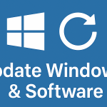 Blaues Beitragsbild mit Windows-Symbol, Update-Icon und Text "Update Windows & Software with one button click"