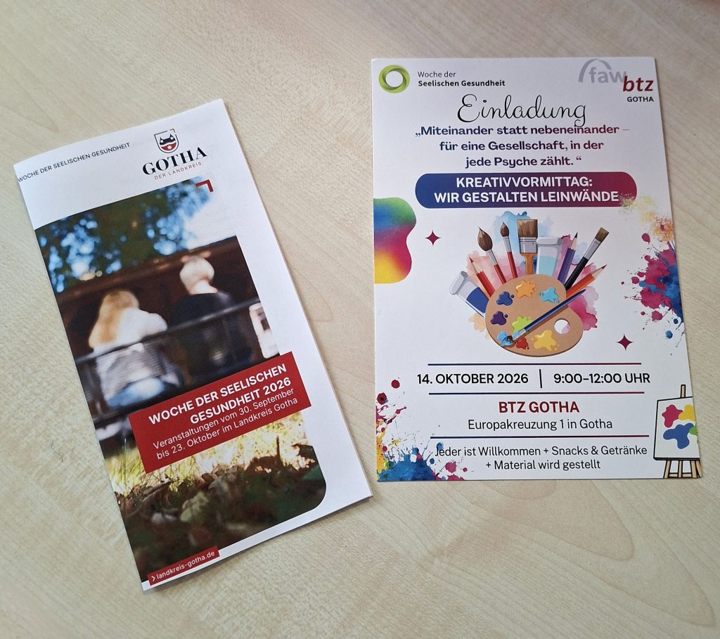 Einladung zur Woche der seelischen Gesundheit 2026 im Landkreis Gotha und Flyer zum Kreativvormittag im BTZ Gotha.