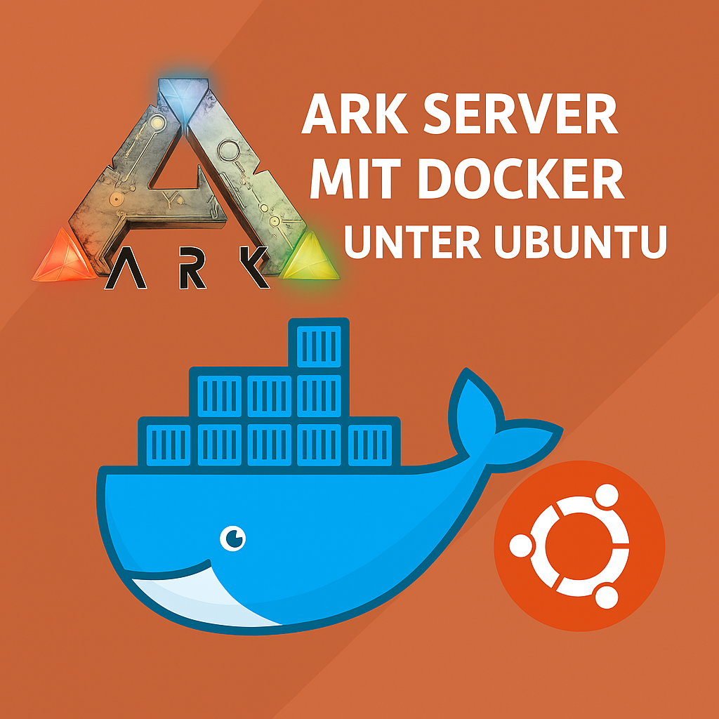 „Illustration mit ARK-Logo, Docker-Whale und Ubuntu-Symbol zum Erstellen eines ARK-Servers mit Docker unter Ubuntu Linux Mint