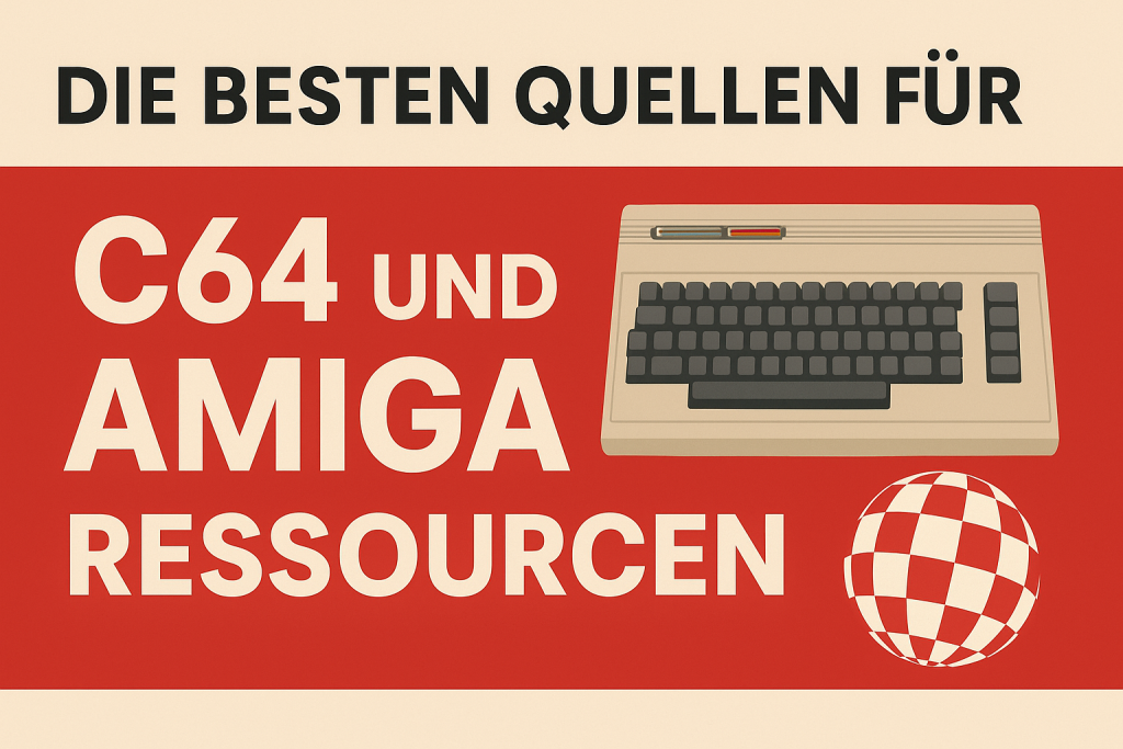 Titelgrafik mit Schriftzug ‚Die besten Quellen für C64 und Amiga Ressourcen‘, Darstellung eines Commodore 64 und des rot-weißen Amiga-Balls