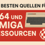 Titelgrafik mit Schriftzug ‚Die besten Quellen für C64 und Amiga Ressourcen‘, Darstellung eines Commodore 64 und des rot-weißen Amiga-Balls