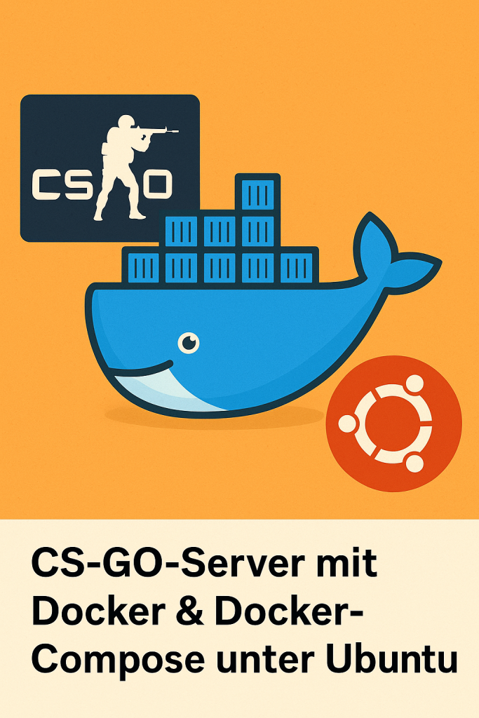 Illustration mit Docker-Whale, CS:GO-Logo und Ubuntu-Symbol zur Einrichtung eines CS:GO-Servers mit Docker und Docker-Compose unter Ubuntu