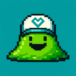 Ein grüner Pixel‑Slime mit lächelndem Gesicht und weiß‑blauer Kappe auf einfarbigem Hintergrund.