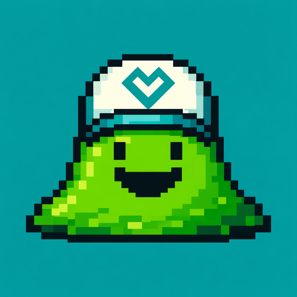 Ein grüner Pixel‑Slime mit lächelndem Gesicht und weiß‑blauer Kappe auf einfarbigem Hintergrund.