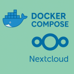 Logos von Docker Compose und Nextcloud auf einem mintgrünen Hintergrund. Links oben das Docker-Logo mit der Aufschrift „Docker Compose“, darunter rechts das Nextcloud-Logo mit dem typischen Symbol aus drei verbundenen Kreisen und dem Schriftzug „Nextcloud“.
