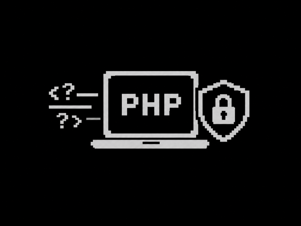 Monochromes 8-Bit-Pixelbild im C64-Stil mit einem Computerbildschirm, auf dem „PHP“ steht, sowie Symbolen für Code und Sicherheit.