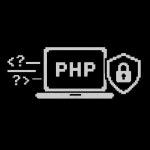 Monochromes 8-Bit-Pixelbild im C64-Stil mit einem Computerbildschirm, auf dem „PHP“ steht, sowie Symbolen für Code und Sicherheit.