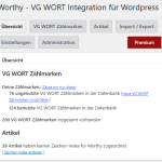 Screenshot des WordPress-Plugins Worthy zur Verwaltung von VG-WORT-Zählmarken mit Übersicht über verfügbare Zählmarken, Artikel und Import-Funktionen.