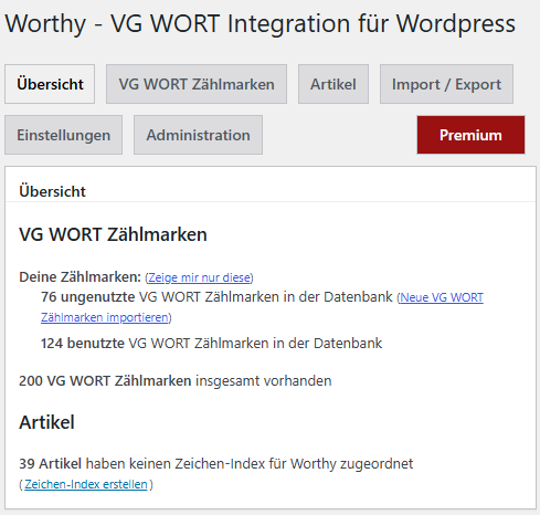 Screenshot des WordPress-Plugins Worthy zur Verwaltung von VG-WORT-Zählmarken mit Übersicht über verfügbare Zählmarken, Artikel und Import-Funktionen.
