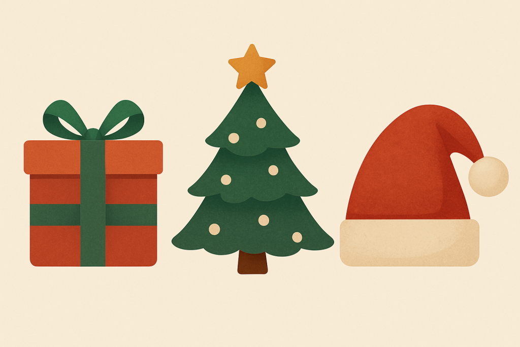 Abstrakte, minimalistische Weihnachtsgrafik mit Geschenk, Tannenbaum und Weihnachtsmütze auf hellem Hintergrund.